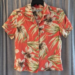 Valerie Stevens Casual Top Women's M 100% Silk Hawaiian Button Up Pink Tropical